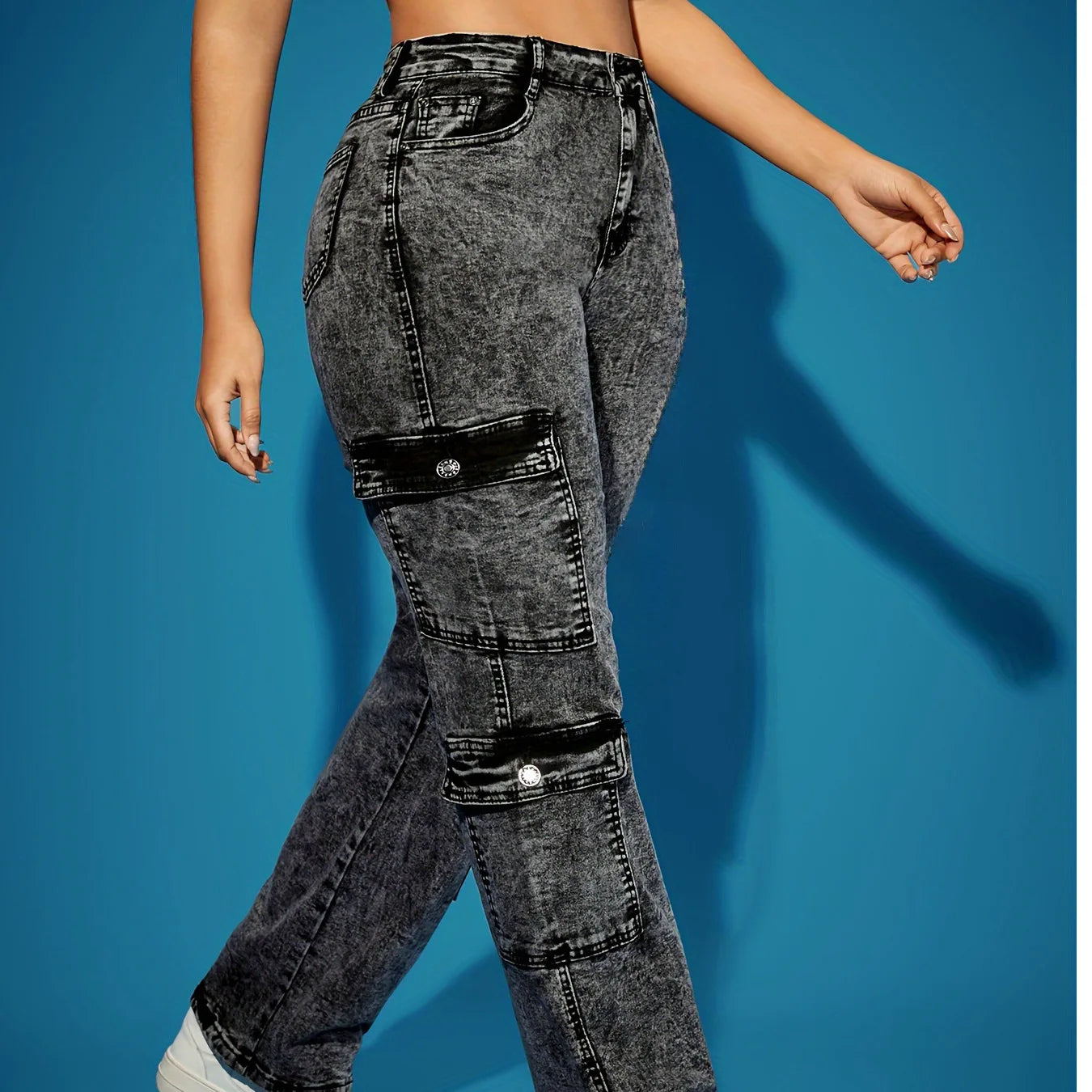 Women's Black-Gray Jeans Multi-Pocket Decorative Stretch Denim Trousers Sizes XS-XXL, New 2026