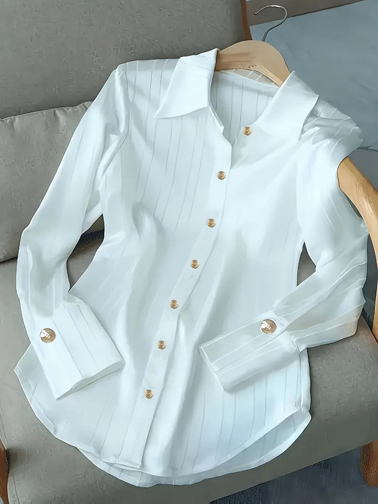 French Style Elegant Blouse Striped Lapel Collar Long Sleeve Button Front Semi Sheer Women Casual Office All Season