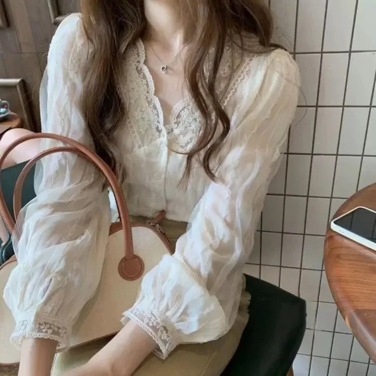 Elegant French Style V-Neck Lace Shirt Long Sleeve Sweet Fashionable Spring Hot Sale Of The Season Chiffon Top Gentle Ladylike S